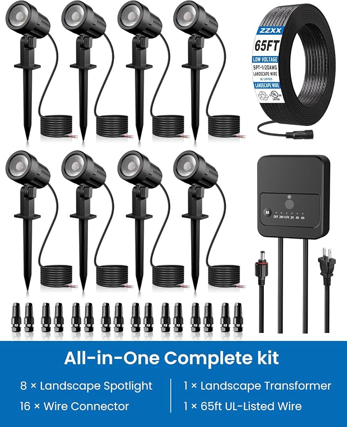 All-in-One Low Voltage Landscape Lighting Kit, 8-Pack, Warm White | LED Landscape Lights with Transformer 65FT Wire and Connectors, 2700K Waterproof Garden Spot Lights for Yard House Tree