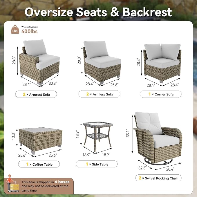 LET'S PATIO Luxury Patio Furniture Set，9 Piece Outdoor Furniture Sectional Set with Swivel Rocker Chairs of 2，All-Weather Patio Sectional Sofas with Thickened Cushions, Grey