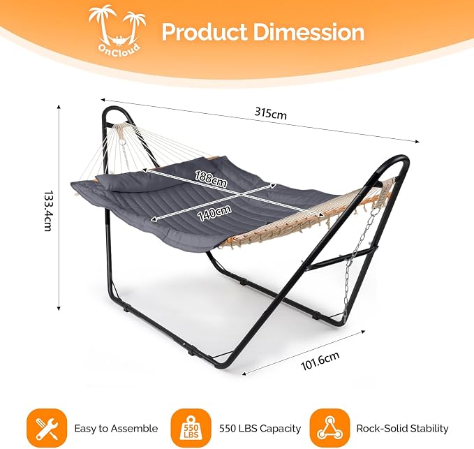 ONCLOUD Hammock with Stand, Double-Barrel Hammock with Hammock Bed, Heavy Duty Adjustable Hammock Set for Outdoors, Patio, Yard, Garden, 550 LBS (Gray)