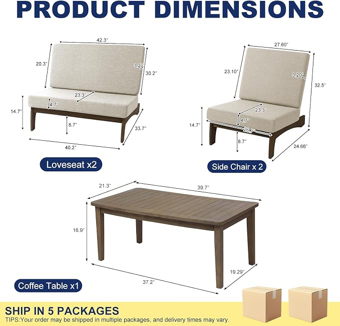 Pia Ricoo 4 Piece Patio Furniture Sets, Outdoor Furniture with 2 Chairs & Coffee Table, Patio Conversation Set for Backyard, Deck, Lawn, Light Camel