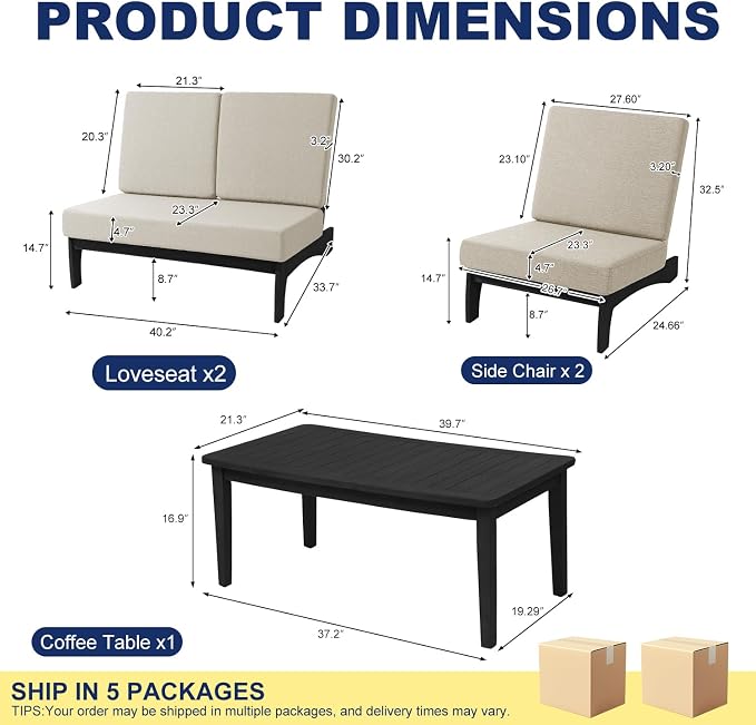 Pia Ricoo 4 Piece Patio Furniture Sets, Outdoor Loveseat Sofa Set with 2 Chairs & Coffee Table, Patio Conversation Set for Backyard, Deck, Lawn, Light Camel, Dark Wood