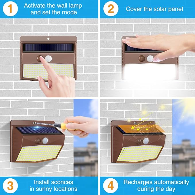 6 Packs Solar Outdoor Lights Motion Sensor Solar Security Lights Waterproof with 3 Lighting Modes Solar Powered Wall Lights Outside for Garden Fence Yard Deck, Brown Warm