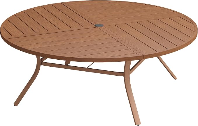 VICLLAX 63" Round Patio Dining Table for 8-10, All Weather Metal Outdoor Table with 1.57" Umbrella Hole and Surdy Frame for Garden Lawn Deck, Walnut