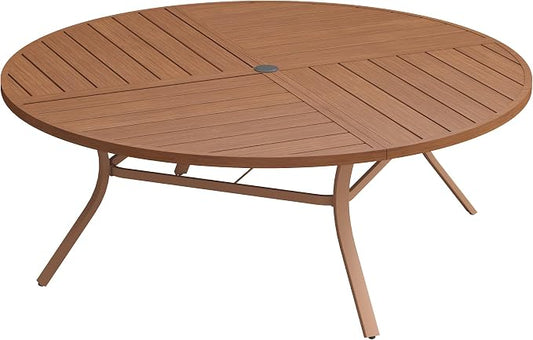Patio Dining Table for 8-10, Round Metal Outdoor Table with Storage Shelf, 1.57" Umbrella Hole, 63" Outdoor Quartered Tabletop Dining Table for Backyard, Porch, Lawn, Walnut