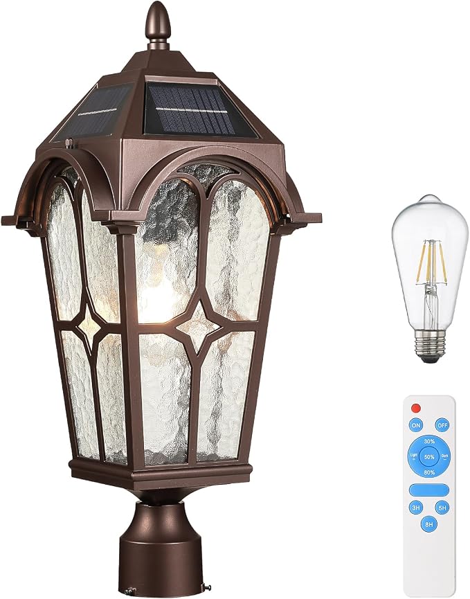 22 Inch Large Solar Post Light Outdoor, Dusk to Dawn Pier Mount Lamp, Oil Rubbed Bronze (ORB) Aluminum with Seeded Water Ripple Glass, Waterproof Solar Pole Light Fixture for Yard Garden Pillar Patio