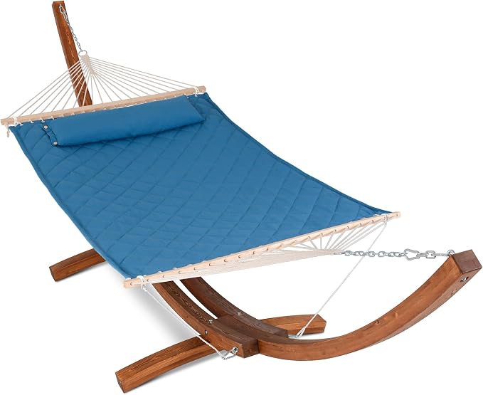ANOW 13.5FT Curved Wood Stand with Double Hammock, Heavy Duty Larch Wood Arc Stand with 2 Chains, 4 Balance Ropes and 4 Carabiners, Includes Blue Hammock with Spreader Bars