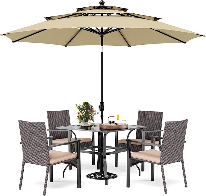 PHI VILLA 5pc Patio Dining Set with Umbrella, Square Table, Rattan Chairs | 37" Metal square dining table, cushioned wicker chairs, 10ft beige umbrella. Perfect for patio, deck, yard, porch.
