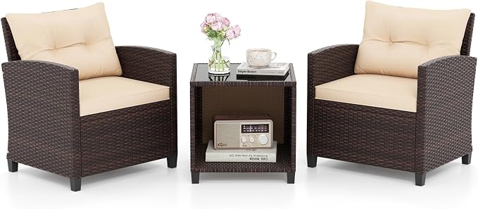 HAPPYGRILL 3 Pieces Patio Conversation Set, Outdoor Rattan Wicker Chairs & Coffee Table Set w/Cushions & Tempered Glass Tabletop, Porch Sofa Set for Backyard, Poolside