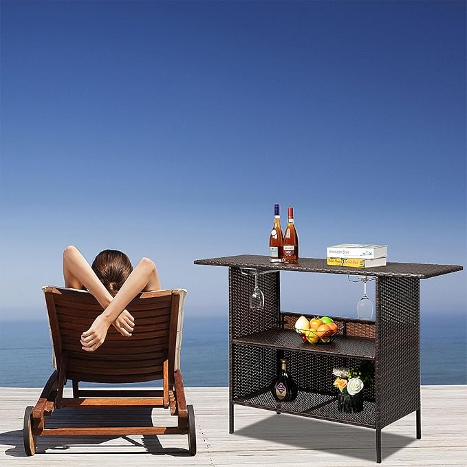 Outvita Outdoor Bar Counter Table, Patio Wicker bar Table with 2 Layer Shelves and Wine Racks for Poolside, Backyard, Garden, Porches Brown