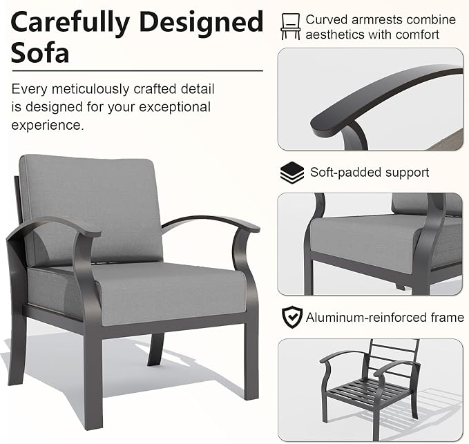 Gotland Aluminum Patio Furniture Set, 4 PCS Metal Outdoor Furniture with 45’’ Fire Pit Table Waterproof 5.1'' Seat Cushions 34.1’’ High Back, Oversized Outdoor Sectional Patio Conversation Sets, Grey
