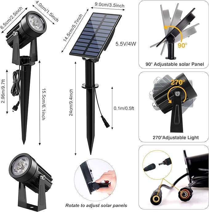 Solar Spot Lights Outdoor, 2 Pack Solar Landscape Spotlights IP65 Waterproof 9.8ft Cable, Auto On/Off Outdoor Wall Lights for Garden Yard Driveway Porch Walkway Pool (3000K Warm White)