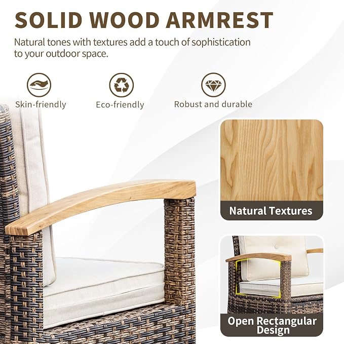 MEISSALIVVE 8 Pieces Outdoor Patio Furniture Sets, Wicker Patio Conversation Sets with 2 Wood Armrests Swivel Glide Chairs,2 Single Chairs, 3-seat Sofa (Beige)