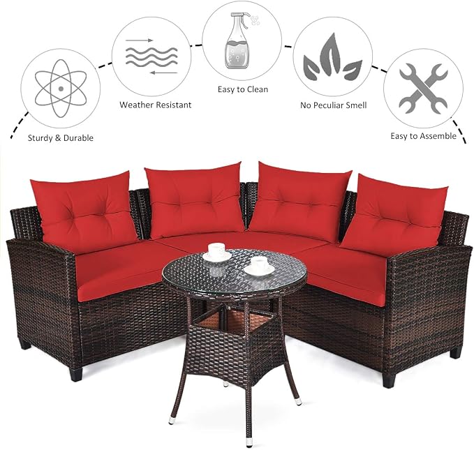 Tangkula 4-Piece C Shape Patio Furniture Set, Outdoor Corner Wicker Rattan Sectional Cushioned Sofa Set, with Glass Coffee Table, for Garden Poolside Balcony (Red)