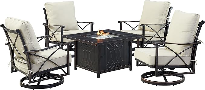Oakland Living Black Aluminum Patio Fire Table Set with Four Club Chairs