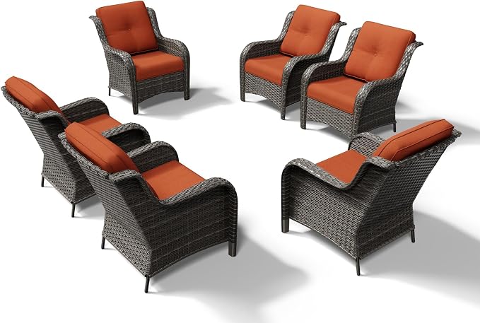 Joyside 6 Piece Wicker Patio Furniture Set, Rattan Patio Chairs with High Back, Deep Seating, Wide Armrest, Thickened Cushions, Outdoor Furniture for Deck, Porch Use