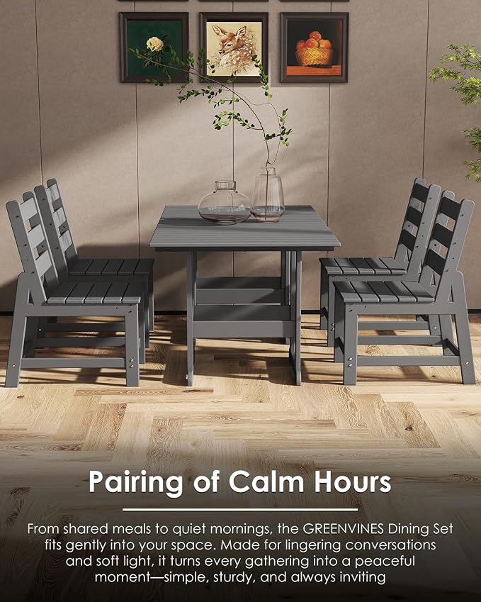 GREENVINES 7-Piece-Outdoor-Table-and-Chairs | HDPE | Patio Furniture | Dining Sets for 6 | Armless Chair | All Weather | Connectable Tables | for Backyard Poolside Garden | Grey