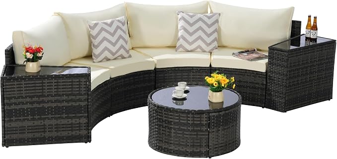 KEIKI Outdoor Patio Furniture 7-Piece Half-Moon Curved Sectional Sofa Set, All-Weather Wicker Patio Conversation Set with Round Coffee Table and 2 Storage Armrests for Poolside Backyard, Beige