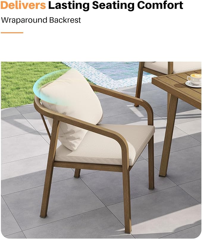 9 Pieces Never-Rust Aluminium Outdoor Dining Set, Patio Table and Chairs for 8, Patio Dining Set with Rectangle Table, Outdoor Dining Chairs with Removable Cushions for Deck, Backyard, Teak