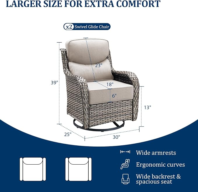Luxury Swivel Rocker Chairs Set with 6" Thick Cushion 3 piece Wicker Outdoor Swivel Rocker Patio Chair with Side Table High Back Comfortable Outdoor Patio Furniture Set - Gery | Beige