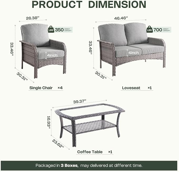 6-Piece Patio Furniture Set, Outdoor Wicker Furniture with Coffee Table, All Weather High Back Loveseat Patio Chairs, Modern Rattan Outdoor Chairs Conversation Set for Porch, Balcony, Garden,Dark Gray