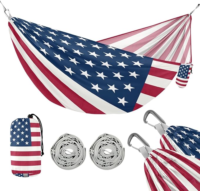 American Flag Camping Hammock, Portable Lightweight Single Hammock with Tree Straps and Aluminum Carabiners, 114" x 54" Travel Hammock for Hiking Backpacking Beach