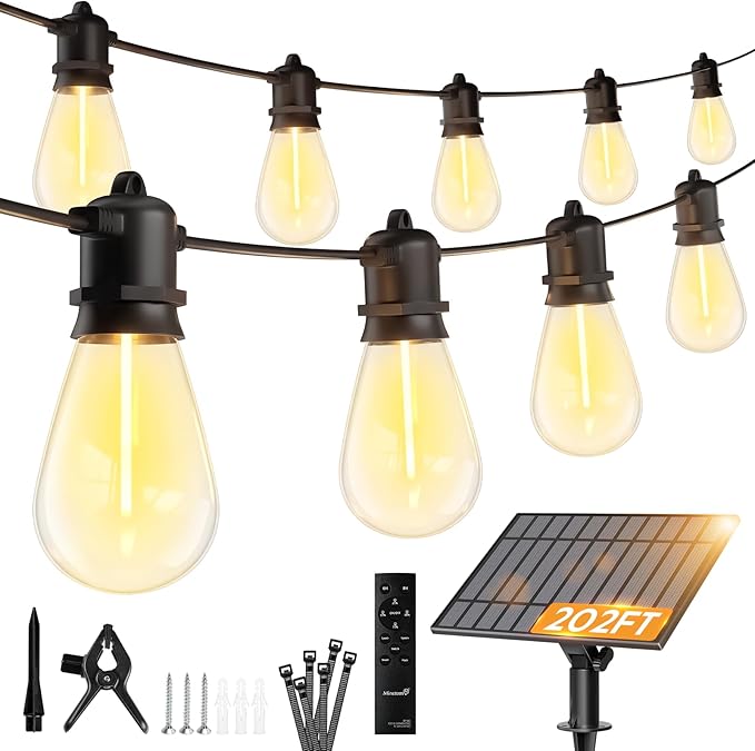 Minetom 202FT Solar String Lights Outdoor Waterproof, S14 Patio Lights | 65 LED Shatterproof Bulb, Remote Type-C Port Timable, 3 Light Modes Dimmable Solar String Lights for Outside, Yard, Camping