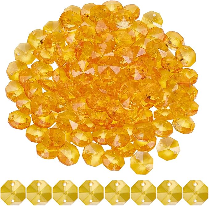 1 Box 120Pcs 14mm Crystal Glass Octagon Beads 2 Hole Prism Bead Bulk Yellow Glitter Chandelier Replacement Connector Suncatcher Faceted Spacers for DIY Lamp Hanging Ornament Pendant Adults