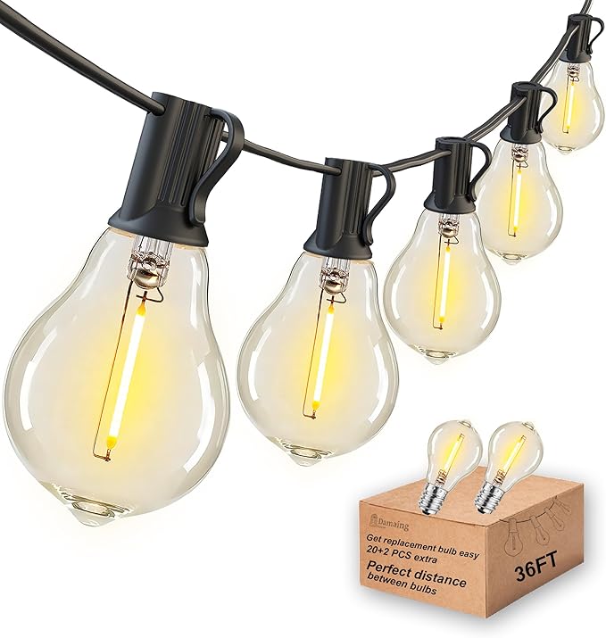 Outdoor String Lights 36FT Patio Light Waterproof for Backyard Porch Bistro | 1.8FT Bulbs Spacing,36 FT Connectable Outside Lights with 22 Shatterproof Dimmable A39 LED Bulbs for Garden Balcony Party