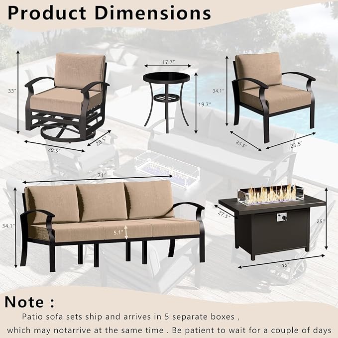 Patio Furniture Set 7-Piece Aluminum Armrest Sofa, Modern Outdoor Living Room Set with 55000 BTU Propane Aluminum Fireplace, Outdoor Rotary Joystick with Thick Cushion