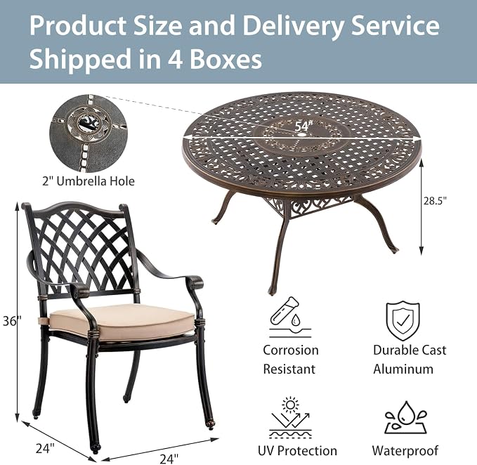 7-Pcs Cast Aluminum Patio Dining Set for 6, 54" Round Table,Bronze | Outdoor Furniture Set Include Dining Table and 6 Stackable Chairs with Cushions & Umbrella Hole