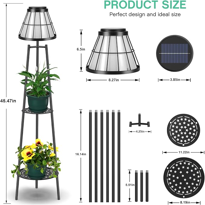 2 Pack Solar Floor Lamps Outdoor with 2-Tier Plant Stand, Metal Tall Planter Holder with Waterproof LED Lantern, Decorative Patio Light & Flower Pot Display Rack for Garden, Deck, Porch, Balcony