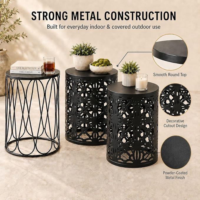 Y&M Outdoor Side Tables Set of 3, Metal Stacking Patio Side Tables for Outside, Round Indoor End Tables, Decorative Garden Stool Plant Stand for Patio Garden Balcony Porch, Black