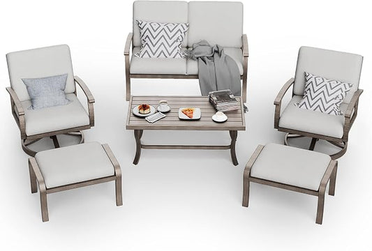 HAPPATIO 6 Piece Aluminum Patio Furniture Set, Outdoor Swivel Armchairs with Ottomans and Loveseat, All-Weather Outdoor Sectional Sofa with Comfortable Cushions and Coffee Table(Gray)