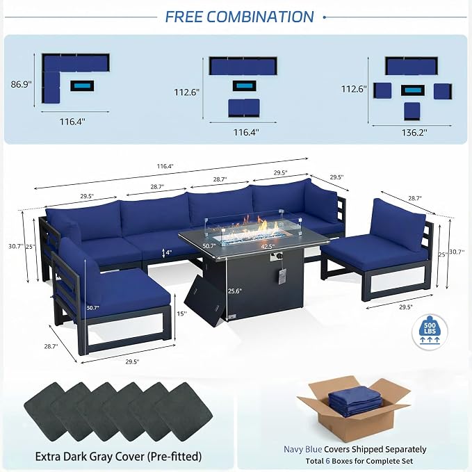 NICESOUL 7 Piece Large Modern Aluminum Outdoor Sofa with Fire Pit Table, 29" Deep Wide Seat, 500 lbs Durable Sectional Set for Heavy People, Water Resistant Patio Furniture Set for Garden, Navy Blue