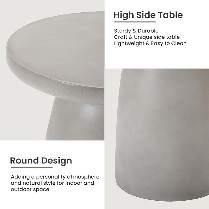 HOMPUS Outdoor Side Table, Concrete Side Table Faux Stone Hourglass Shaped, Patio Round Accent Table, Lightweight MgO Circular Coffee Table Garden Tool for Home Decor, Porch and Deck, Grey