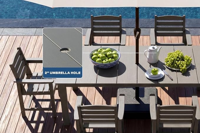 Perli™ 7-Piece Outdoor Dining Set, All-Weather HDPE Patio Furniture with 6 Ergonomic Chairs & Large Table, Built-in Umbrella Hole, UV-Resistant Set for Backyard, Deck, Poolside, Grey
