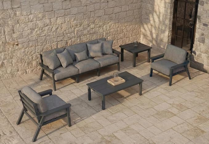 7 Piece Patio Conversation Sets, Outdoor Couch with Washable Thick Gray Cushions, HDPE Patio Furniture Set, Outdoor Sectional Furniture for Backyard, Deck, Lawn, Porch (Grey Frame)