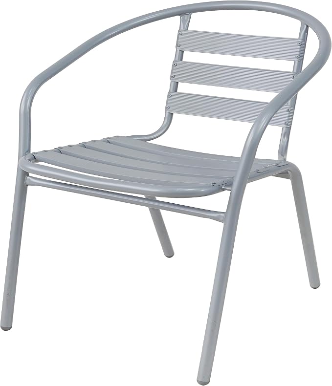 BTEXPERT Gray Indoor Outdoor Restaurant Stainless Steel Silver Aluminum + 4 Metal Slat Stack Lightweight, 4 Chairs with a 27.5" Round Table