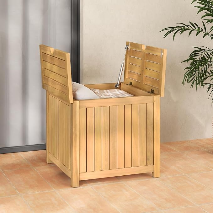 HAPPYGRILL Outdoor Side Table with Umbrella Hole, Acacia Wood End Table with Storage, Removable Base, Patio Storage Box for Backyard, Balcony, Poolside (Square)