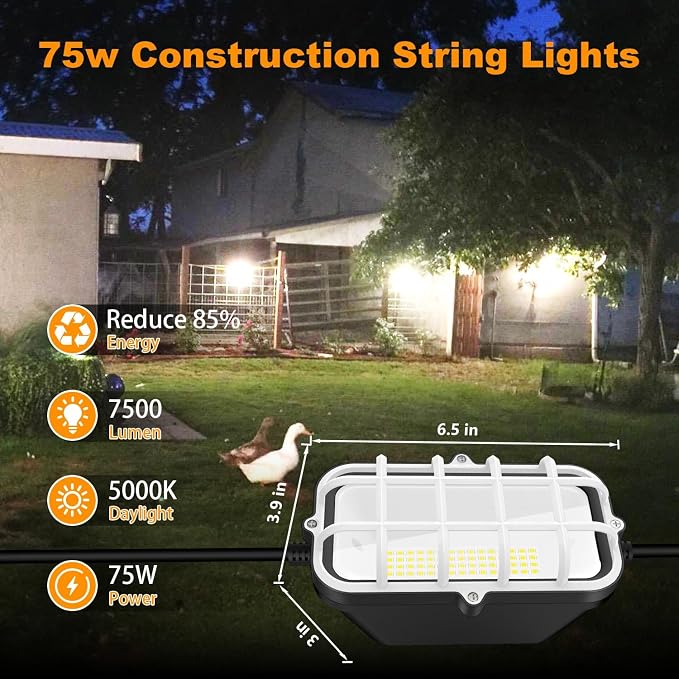 50ft LED Construction String Lights,75W 7500LM Waterproof IP67 Led String Work Lights, Construction Temporary Lights (50ft-5lights)