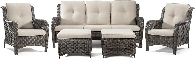 Patio Furniture Set 5-Piece Wicker Outdoor Furniture Conversational Set with 3-Seat Sofa, 2 Armchairs, 2 Ottoman Patio Rattan Wicker Sectional Sofa Set with Olefin Cushions, Beige