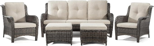Patio Furniture Set 5-Piece Wicker Outdoor Furniture Conversational Set with 3-Seat Sofa, 2 Armchairs, 2 Ottoman Patio Rattan Wicker Sectional Sofa Set with Olefin Cushions, Beige