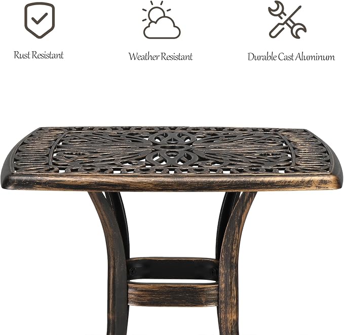 Cast Aluminum Square Patio Table with Umbrella Hole - 21.3 Inch Weather-Resistant Outdoor Bistro Table for Backyard, Poolside, Indoor/Outdoor, Easy Maintenance