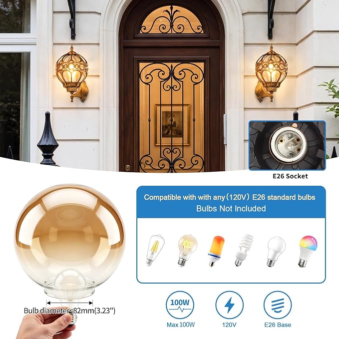 Globe Die Cast Aluminum Outdoor Wall Light, Brushed Gold Finish | Anti-Rust Waterproof Hardwired Exterior Wall Sconce with Amber Glass, Outside Wall Lantern for Patio, Porch, Backyard