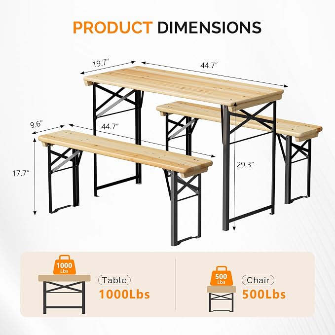 VINGLI 45 Inch Folding Picnic Tables with Benches Set, Weather-Resistant Wooden Beer Garden Table Bench, 3-Piece Portable Fold Up Camping BBQ Table,Natural Wood Color