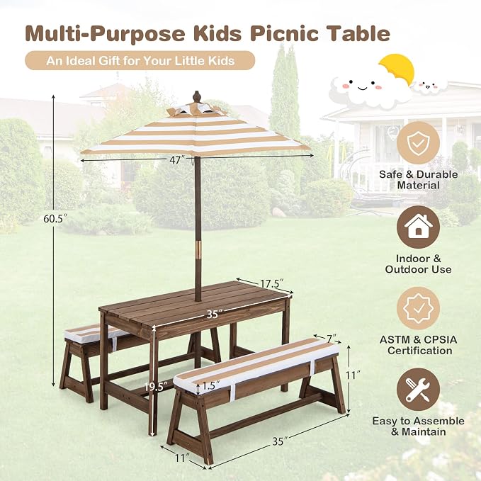 Olakids Kids Picnic Table, 2 in 1 Outdoor Toddler Wooden Table and Chair Set with Removable Cushions Height Adjustable Umbrella, Children Activity Furniture Bench for Patio Garden Backyard