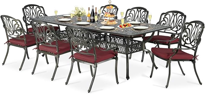 9-Piece Patio Cast Aluminum Dining Set, Outdoor Dining Furniture Set for 8 Person, Includes 94.5" Rectangular Dining Table and 8 Cushioned Chairs with Umbrella Hole for Deck Garden, Red
