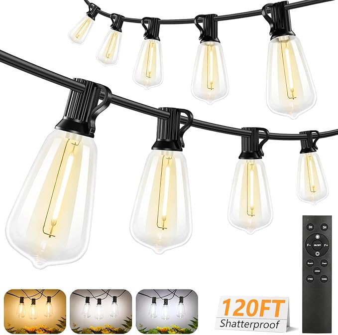 ST38 Outdoor String Lights with Remote, 3 Color in 1, 120FT, 38 Bulbs, 2700K/4000K/5000K