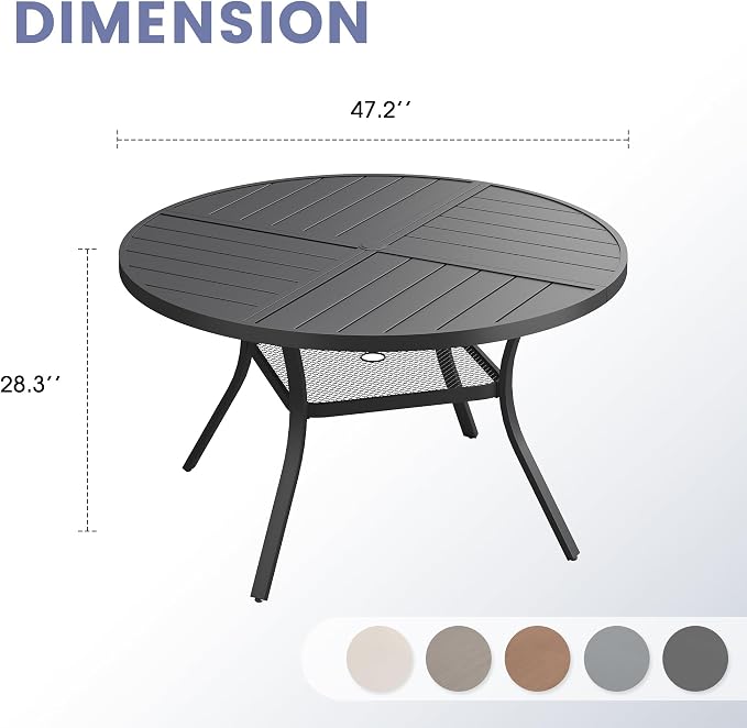 VICLLAX 47.2" Round Outdoor Table, Patio Dining Table for 6 with Umbrella Hole for Garden Lawn Deck Backyard, Black