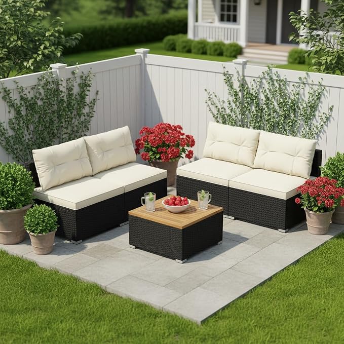 Tangkula 5 Pieces Wicker Patio Furniture Set, Outdoor 4 Armless Rattan Sofa & Coffee Table Set, with Cushions, Acacia Wood Tabletop, Sectional Patio Conversation Set for Lawn, Yard, Poolside